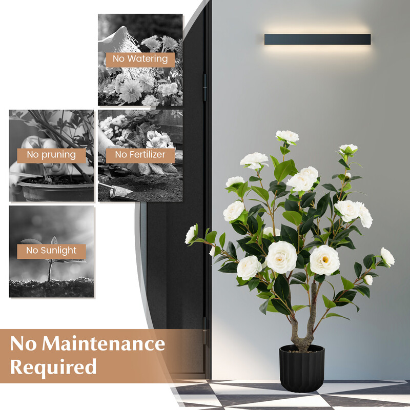 Konstgjord kameliaträd 95 cm med vita blommor i cementkruka för hem och kontor