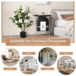 Konstgjord kameliaträd 95 cm med vita blommor i cementkruka för hem och kontor