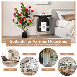 Konstgjord kameliaträd 95 cm med cementkruka och röda blommor