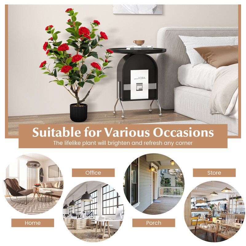 Konstgjord kameliaträd 95 cm med cementkruka och röda blommor