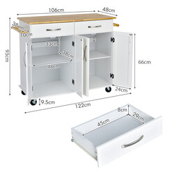 Rullande köksö med gummiträarbetsyta och förvaring, vit, 122 x 48 x 92,5 cm