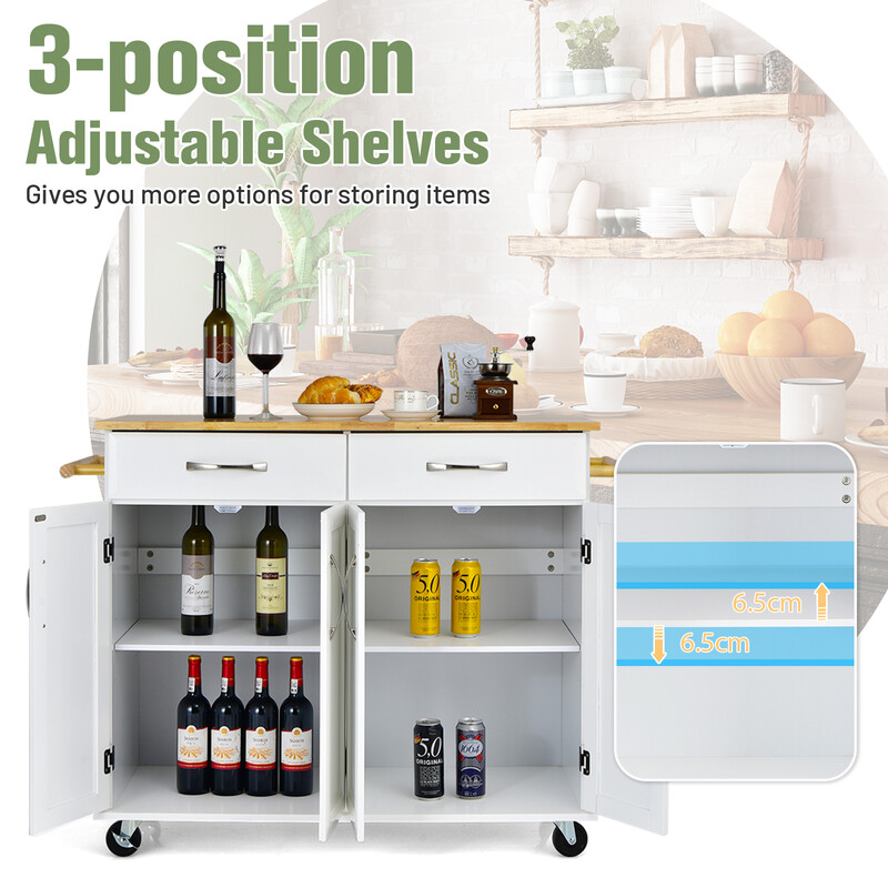 Rullande köksö med gummiträarbetsyta och förvaring, vit, 122 x 48 x 92,5 cm