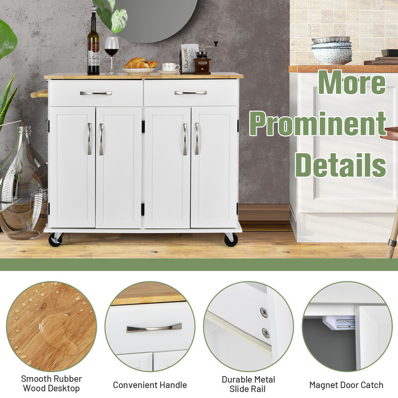 Rullande köksö med gummiträarbetsyta och förvaring, vit, 122 x 48 x 92,5 cm