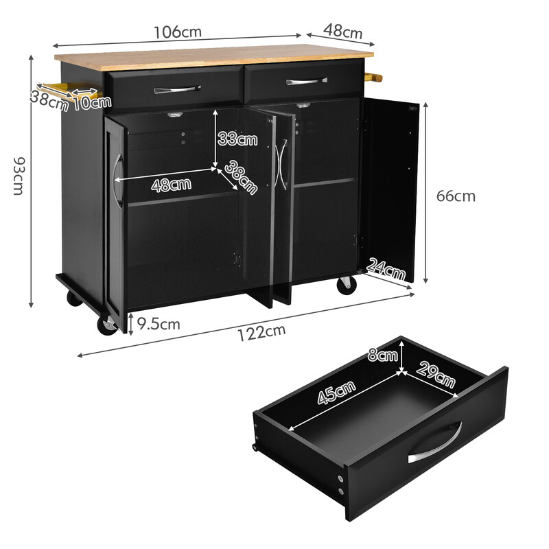 Rullande köksö med gummiträarbetsyta och förvaring, svart, 122 x 48 x 92,5 cm