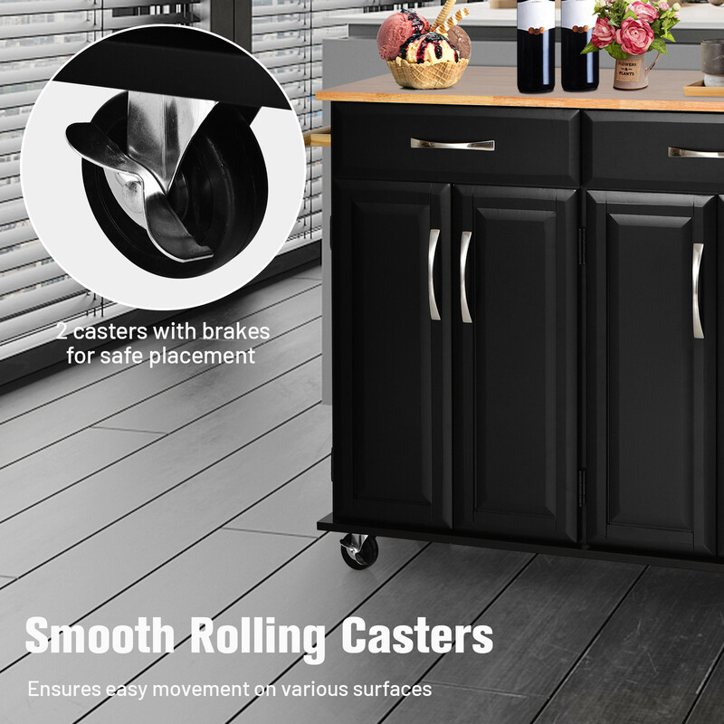 Rullande köksö med gummiträarbetsyta och förvaring, svart, 122 x 48 x 92,5 cm