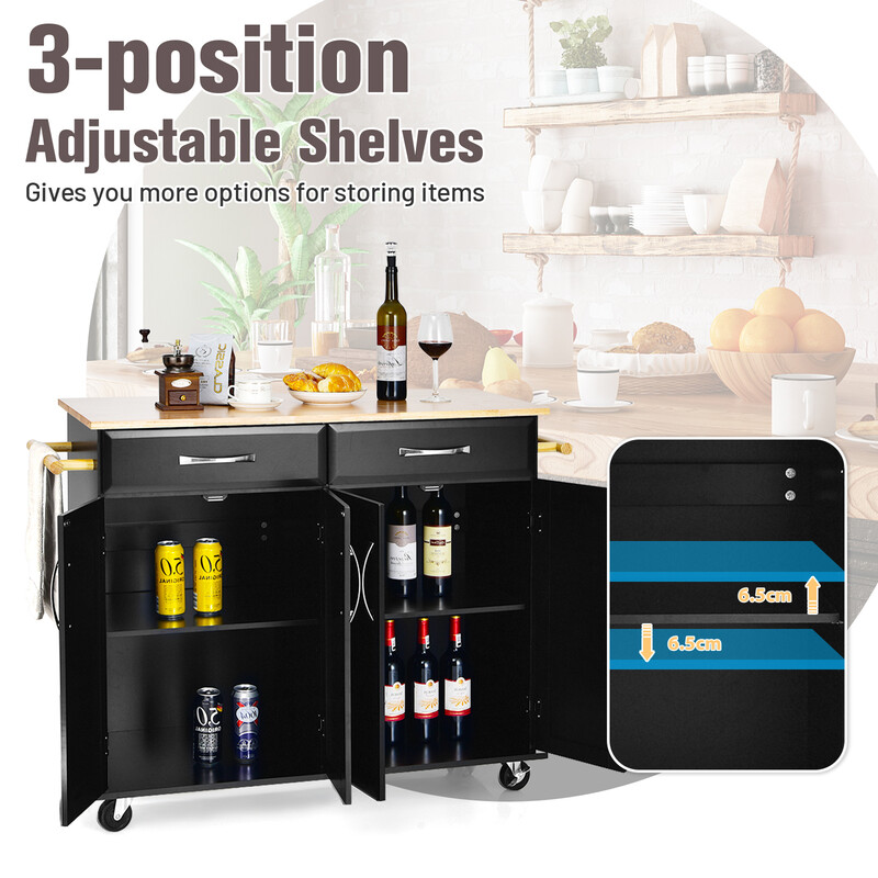 Rullande köksö med gummiträarbetsyta och förvaring, svart, 122 x 48 x 92,5 cm