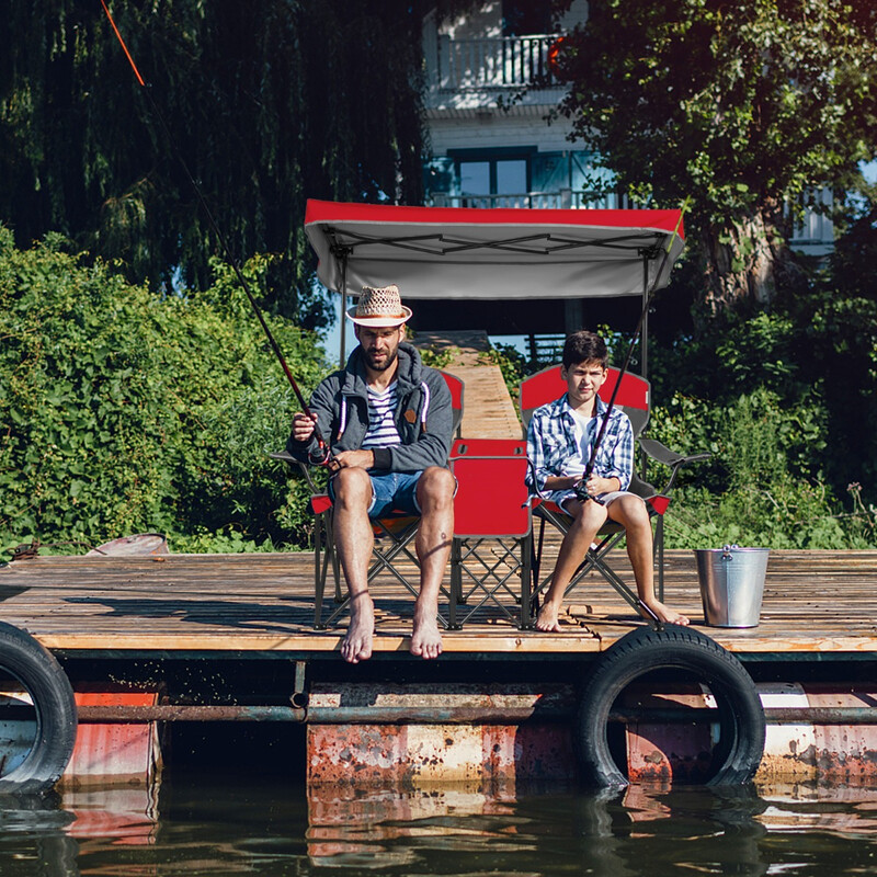 Tvåsitsig campingstol med solskydd och minibord, hopfällbar och bärbar, röd