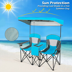 Tvåsitsig campingstol med justerbart solskydd och mini-bord, hopfällbar och bärbar i blått