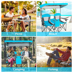 Tvåsitsig campingstol med justerbart solskydd och mini-bord, hopfällbar och bärbar i blått