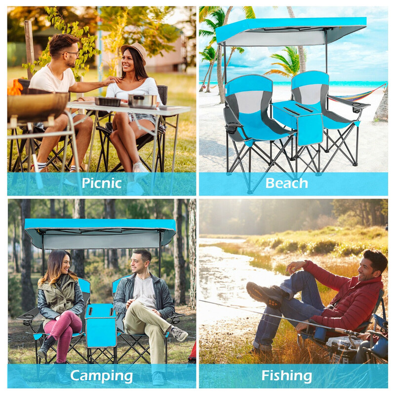 Tvåsitsig campingstol med justerbart solskydd och mini-bord, hopfällbar och bärbar i blått