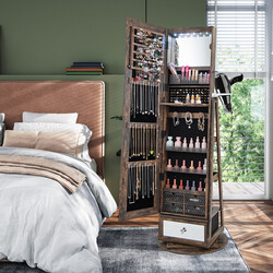 Smyckeskåp 360° roterbart med helkroppsspegel och LED-belysning i lantlig brun färg