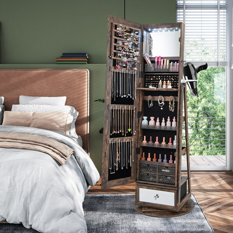 Smyckeskåp 360° roterbart med helkroppsspegel och LED-belysning i lantlig brun färg