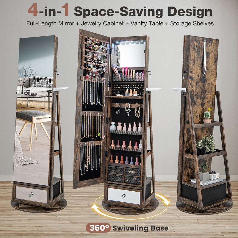 Smyckeskåp 360° roterbart med helkroppsspegel och LED-belysning i lantlig brun färg