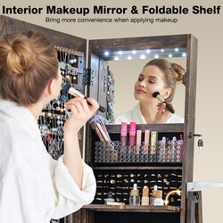 Smyckeskåp 360° roterbart med helkroppsspegel och LED-belysning i lantlig brun färg