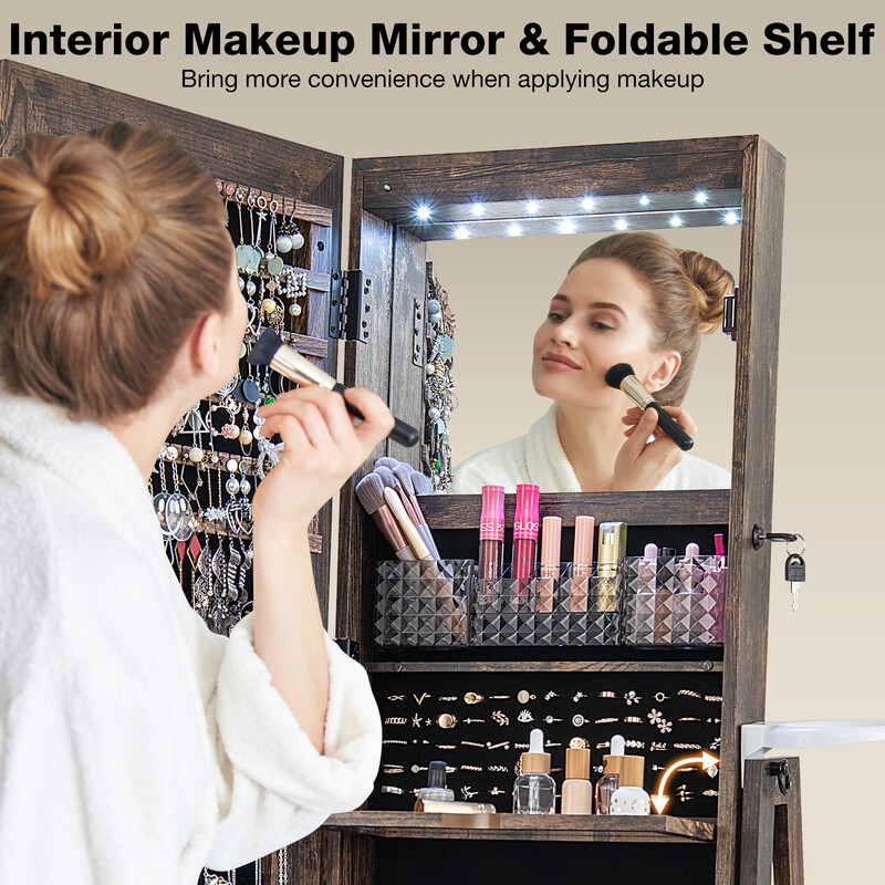 Smyckeskåp 360° roterbart med helkroppsspegel och LED-belysning i lantlig brun färg