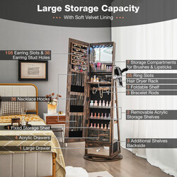 Smyckeskåp 360° roterbart med helkroppsspegel och LED-belysning i lantlig brun färg