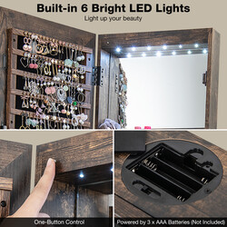 Smyckeskåp 360° roterbart med helkroppsspegel och LED-belysning i lantlig brun färg