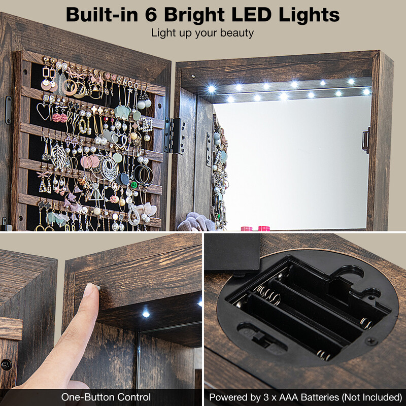 Smyckeskåp 360° roterbart med helkroppsspegel och LED-belysning i lantlig brun färg