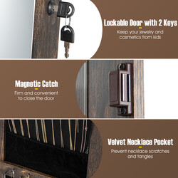Smyckeskåp 360° roterbart med helkroppsspegel och LED-belysning i lantlig brun färg