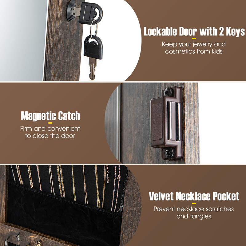 Smyckeskåp 360° roterbart med helkroppsspegel och LED-belysning i lantlig brun färg