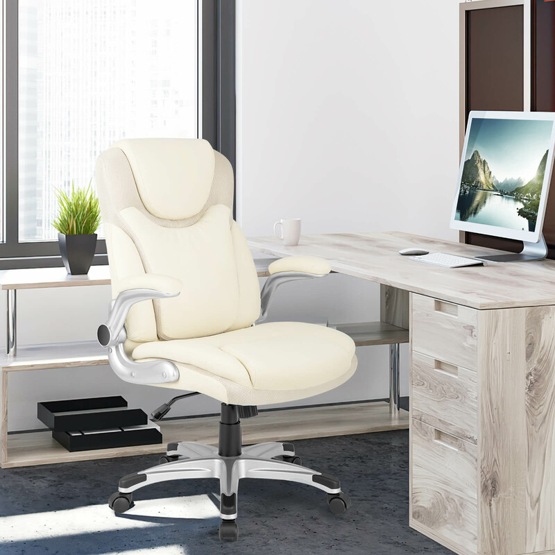 Ergonomisk kontorsstol i vitt PU-läder med justerbar höjd och lutningsfunktion