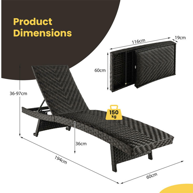 Hopfällbar terrassvilstol i brun rotting med justerbart ryggstöd och metallram