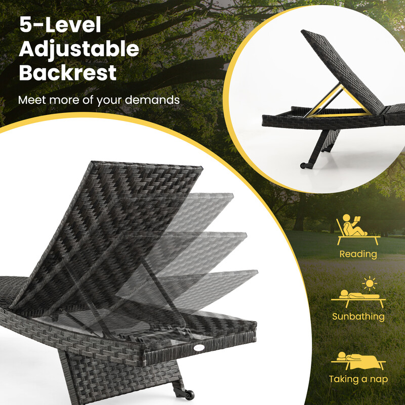 Hopfällbar terrassvilstol i brun rotting med justerbart ryggstöd och metallram