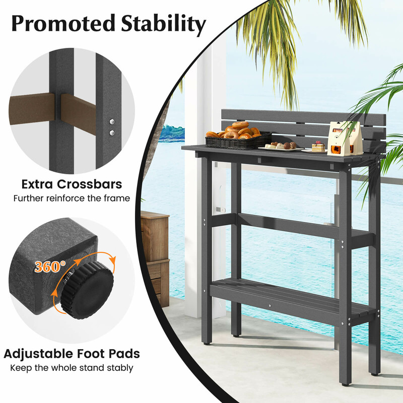 Grå utomhusbarbord med hylla och justerbara fötter för terrassen 122 x 39 x 136 cm