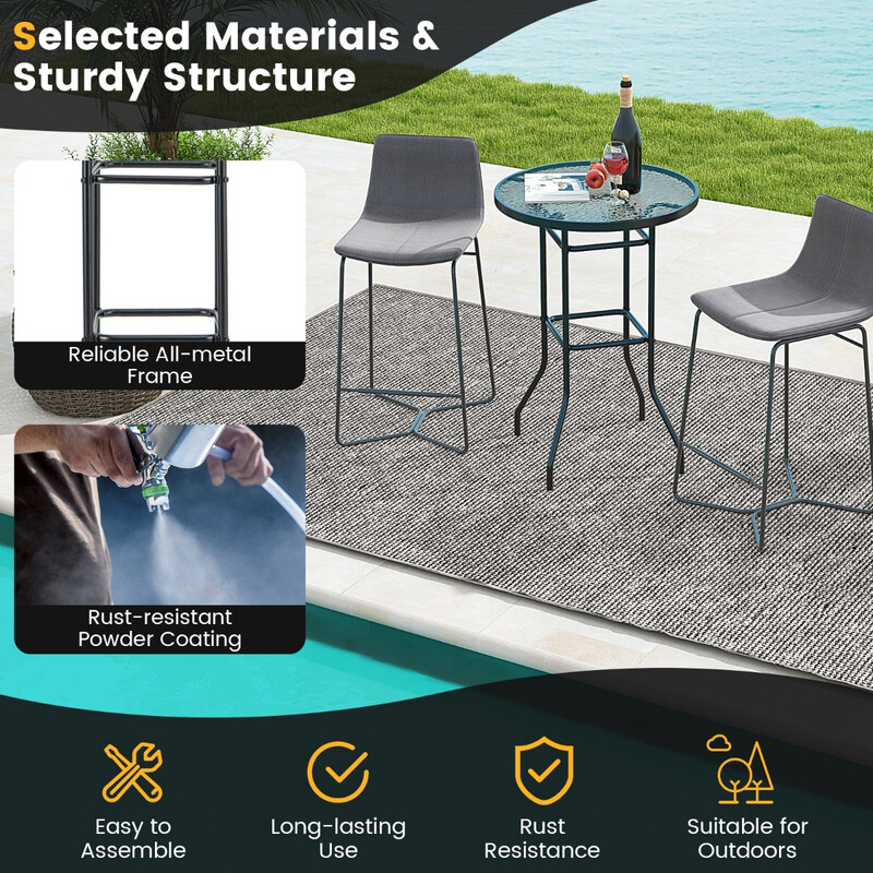 Runt bistrobord i svart med härdat glas för utomhusbruk 68 x 68 x 97 cm