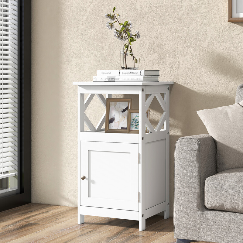 Badrumsgolvskåp med öppen hylla och anti-tipp funktion i vit MDF