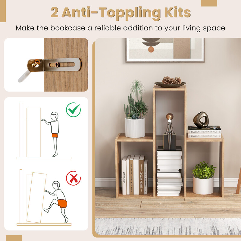 Konvex bokhylla med 3 hyllplan och tippskydd i naturlig färg