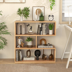 Konkav bokhylla med 3 hyllplan och tippskydd i naturlig trädesign