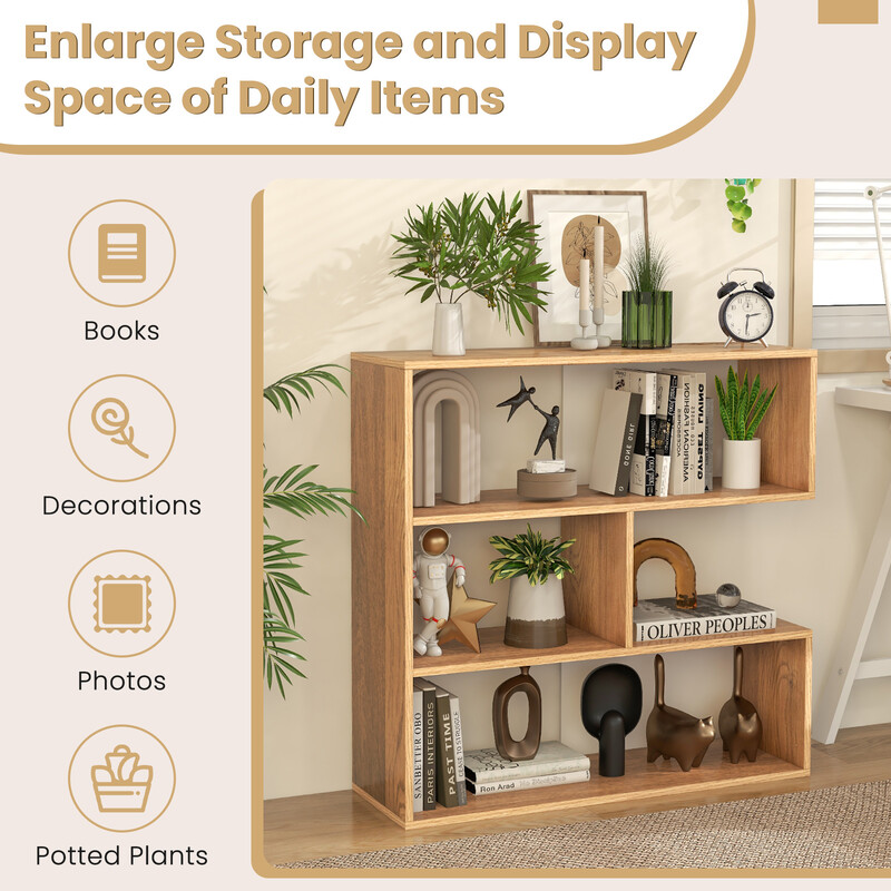 Konkav bokhylla med 3 hyllplan och tippskydd i naturlig trädesign