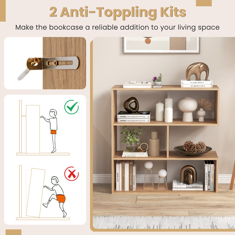 Konkav bokhylla med 3 hyllplan och tippskydd i naturlig trädesign