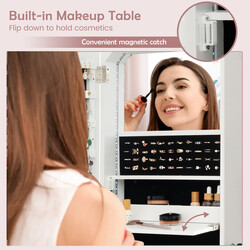 Väggmonterat smyckesskåp med spegel och LED-belysning, låsbar, vit, 120 x 37 x 11 cm