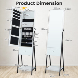 Smyckeskåp med spegel och LED-belysning, låsbar för säker förvaring, vit 41x35x166 cm