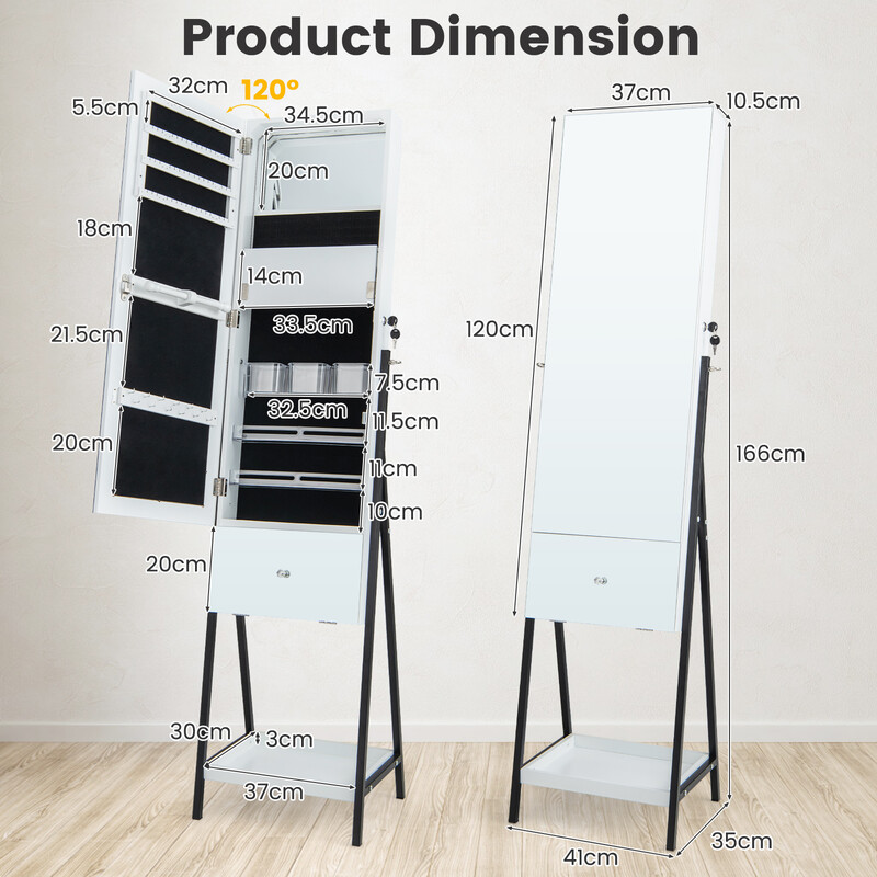 Smyckeskåp med spegel och LED-belysning, låsbar för säker förvaring, vit 41x35x166 cm