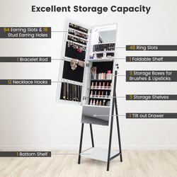 Smyckeskåp med spegel och LED-belysning, låsbar för säker förvaring, vit 41x35x166 cm