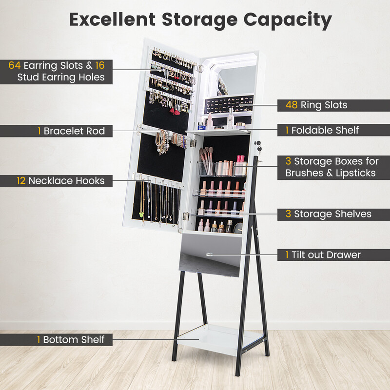 Smyckeskåp med spegel och LED-belysning, låsbar för säker förvaring, vit 41x35x166 cm