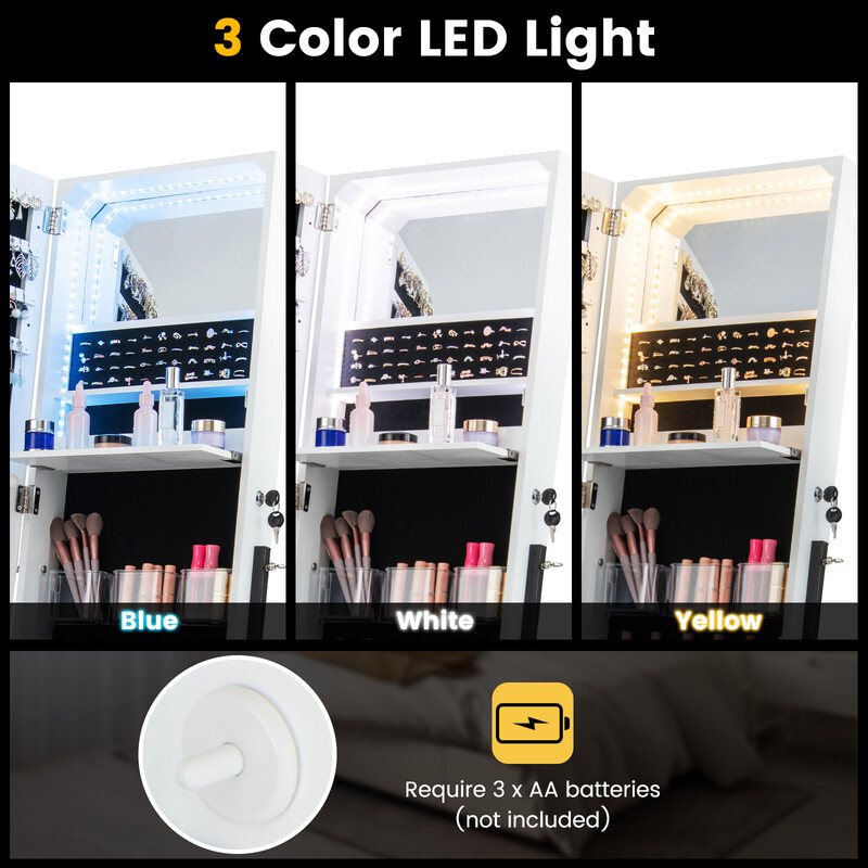 Smyckeskåp med spegel och LED-belysning, låsbar för säker förvaring, vit 41x35x166 cm