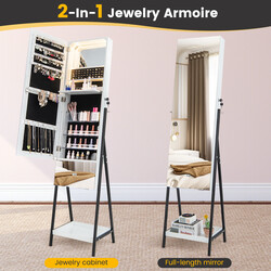 Smyckeskåp med spegel och LED-belysning, låsbar för säker förvaring, vit 41x35x166 cm