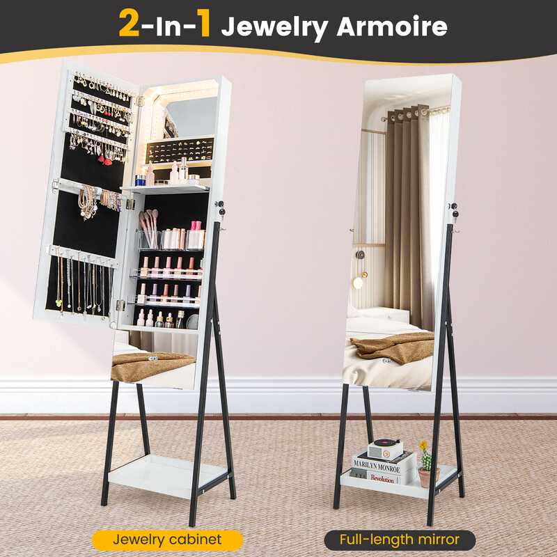 Smyckeskåp med spegel och LED-belysning, låsbar för säker förvaring, vit 41x35x166 cm