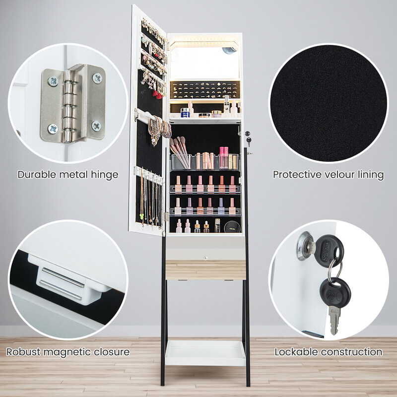 Smyckeskåp med spegel och LED-belysning, låsbar för säker förvaring, vit 41x35x166 cm