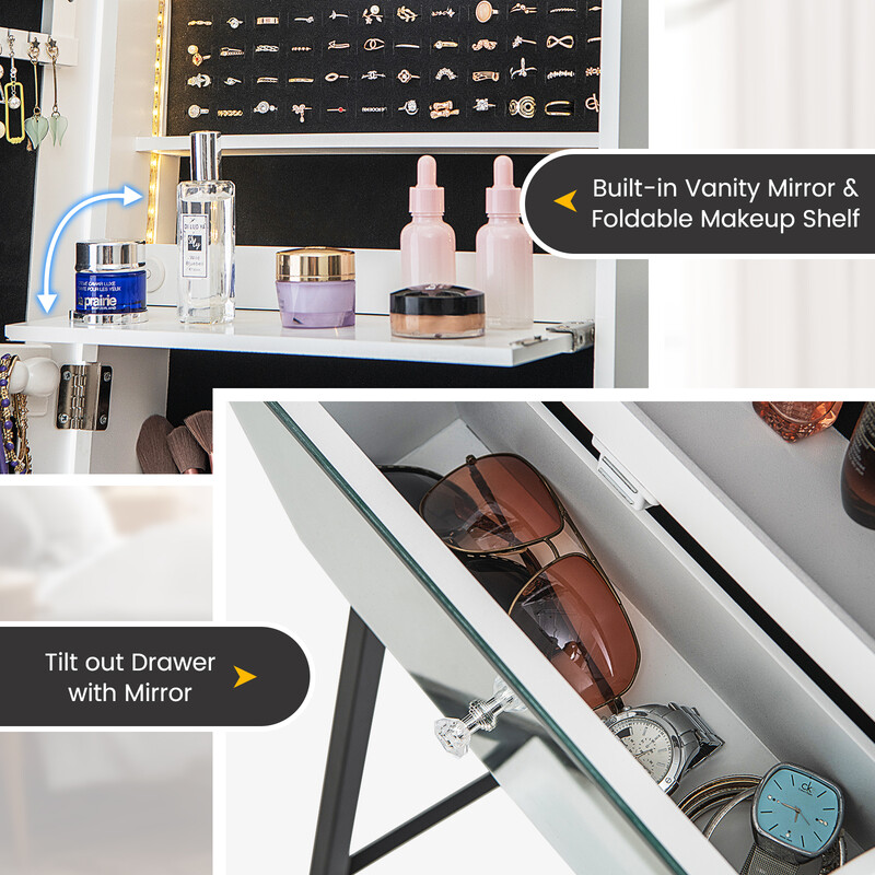 Smyckeskåp med spegel och LED-belysning, låsbar för säker förvaring, vit 41x35x166 cm