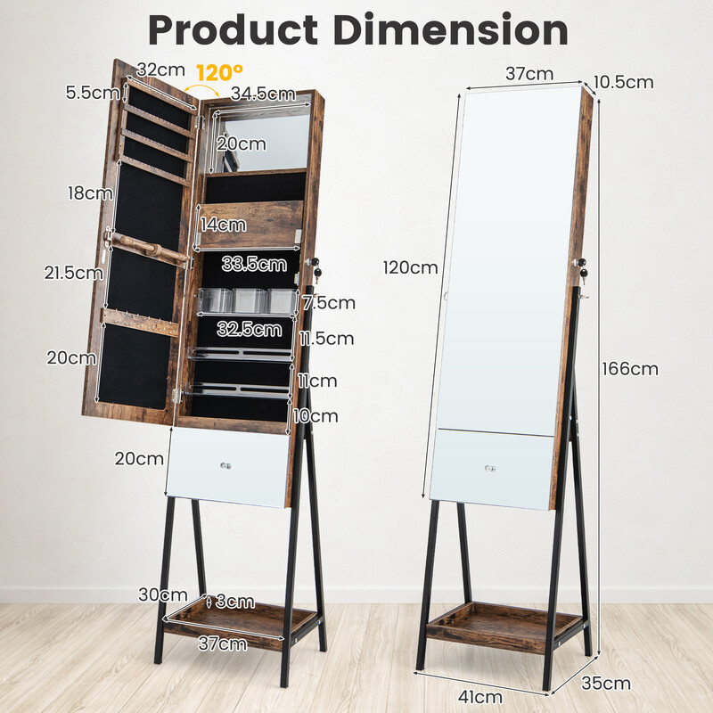 Smyckeskåp med spegel och LED-belysning, låsbart, brun, 41 x 35 x 166 cm