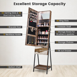 Smyckeskåp med spegel och LED-belysning, låsbart, brun, 41 x 35 x 166 cm