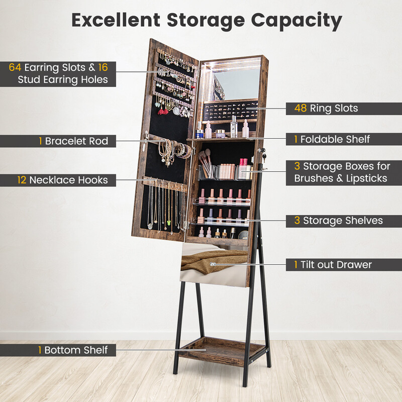 Smyckeskåp med spegel och LED-belysning, låsbart, brun, 41 x 35 x 166 cm