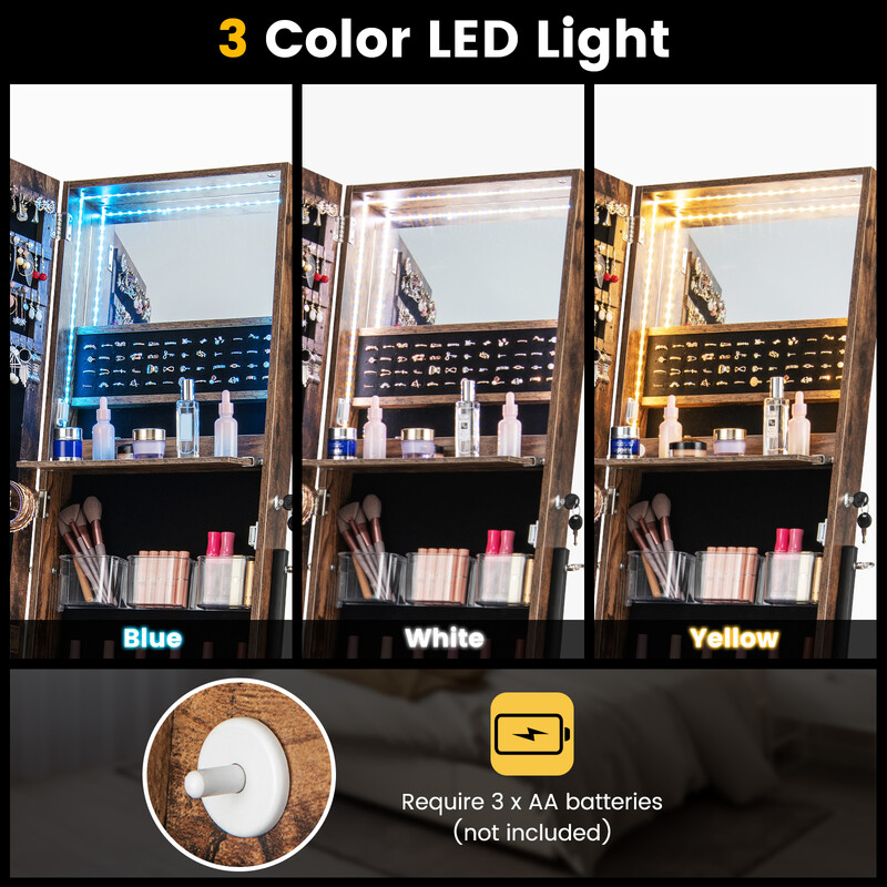 Smyckeskåp med spegel och LED-belysning, låsbart, brun, 41 x 35 x 166 cm