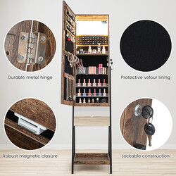 Smyckeskåp med spegel och LED-belysning, låsbart, brun, 41 x 35 x 166 cm