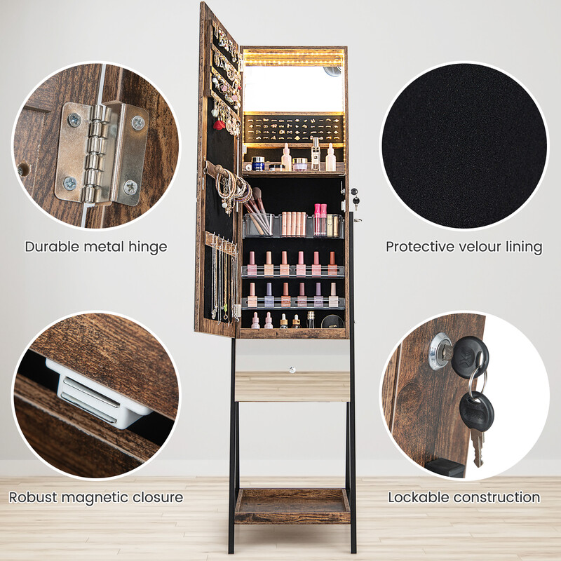 Smyckeskåp med spegel och LED-belysning, låsbart, brun, 41 x 35 x 166 cm